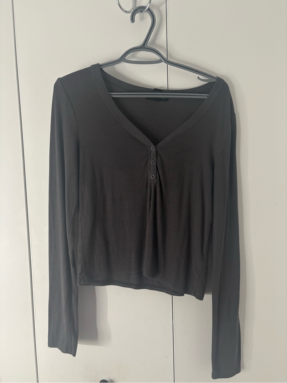 Grey Ribbed Henley Long Sleeve Top